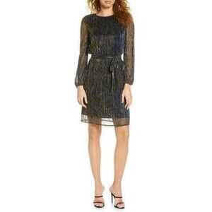 Sam Edelman Metallic Plisse Long Sleeved  Shift Dress, Blue/ Gold sz 4 Party
